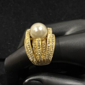 Nataliya V Collister CZ & Pearl Gold Tone Solid Sterling Silver 925 Wide Ring 9